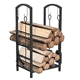 PEILU 40x38x75cm Holzlager Innen Kaminholzregal mit 4 Haken, Schaufel, Zange, Bürste & Feuerhaken, Metall Brennholzregal Doppelschicht Kaminholzständer mit Großer Lagerung für Innen & Außen Kamine