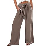 Leinenhose Damen Sommer Lange Hose Baumwolle Musselin Hosen Casual Lose Stoffhose Einfarbig Elegant Strandhose Leicht Bequem Sommerhose Weite Beine mit Taschen Freizeithose