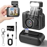 Mini Kamera Retro,1080p Keychain Camera Mit Led-Blitzlicht,Camera mit 64g Speicherkarte,Kleine Kamera mit 660 mAh Akku Geeignet für Kinderfotografie, Haustierfotografie Uhngw(64GB)