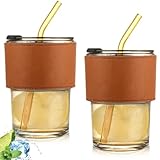 GOMETY 2 Stück 400ml Gläserbecher Mit Deckel, Glas Teegläser Mit Trinkhalm, Luftdicht Wasserdicht Trinkgläser, Glas Smoothie Becher Für Cappuccino, Latte, Tee, Iced Americano, Milch, Saft (Amber)