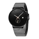 LIGE Armbanduhr Herren Retro Armband Edelstahl wasserdichte Vintage Analog Uhr Herren Quarz Datum Business Casual Minimalistisch Watches for Men Männer,Gold Schwarzes