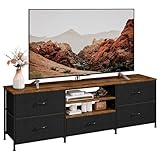 Taotigzu TV-Schrank,Fernsehschrank,Lowboard für Fernseher bis zu 65 Zoll,TV Board mit 5 Schubladen aus Stoff,2 offenen Fächern,Fernsehtisch mit Stahlgestell für Wohnzimmer,30 x 140 x 50 cm (Schwarz)