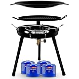 Gas Bullet ® Gasgrill mit Pfanne & Wok + 4 Kartuschen (300g) | für Schraubgaskartuschen | Auseinanderschraubbar | Campinggrill, Party-Grill für Camping, Festivals & Outdoor (Gaskocher + 4 Kartuschen)