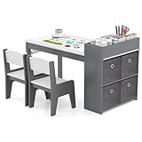 LIFEZEAL Kindertisch mit 2 Stühlen, Kinder Spieltisch und Stühle Set mit Papierrollen und 4 Stoffablagekörben, Aktivitätstisch zum Malen, Schreiben (Grau + Weiß)