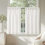 TOPICK Blickdicht Scheibengardinen Küche Weiß Bistrogardine mit Tunnelzug Gardinen Kurz mit Waffel Muster Halbtransparente Küchengardinen für Kleine Fenster Wohnmobil Landhaus 2er Set 90Bx60H cm