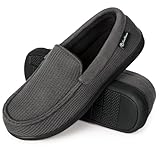 EverFoams Herren Mokassin Pantoffeln Atmungsaktive Komfort Memory Foam Frottee Hausschuhe mit Anti-Rutsch-Gummisohle,Dunkelgrau,44 EU