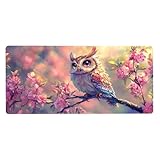 Schreibtischunterlage Eule Mousepad Blume Mauspad XXL 600X300X3MM, Mouse Pad Wasserdicht rutschfeste Gummibasis, Desk Mat mit Vernähte Kanten Verbessert Präzision und Geschwindigkeit für Home Office