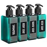 Segbeauty Lotion Dispenser Quadratisch, 4 Stück 200ml Seifenspender Set mit Handgeschriebene Etiketten für Shampoo Duschgel Flüssigseife, Nachfüllbar Kunststoff Pumpflaschen für Küche Bad, Pfauenblau