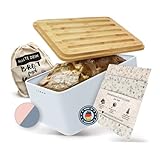 STERNEKOCH® Brotkasten aus Metall - Frisches Brot aufbewahren - Inkl. Bienenwachstücher [MADE IN GERMANY] und Brotbeutel - Brotbox mit Bambusdeckel und integriertem Schneidebrett | 33x21x14,5cm (Weiß)