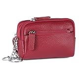 Aucuu Schlüsseletui Leder Damen und Herren, Schlüsseltasche Echt-Leder, 2 Fächer mit Reißverschluss, Schlüsselmäppchen für Schlüssel Autoschlüssel, Rot
