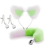 Analplug mit Ohren für Cosplay, Sexspielzeug für Erwachsene aus Edelstahl, Analplug, Weiß-Grün-Mix