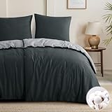 Aisbo Bettwäsche 135x200 Baumwolle 4teilig - Bettwäsche-Sets Anthrazit Grau Wendebettwäsche 2er Set mit 2 Kissenbezüge 80x80 cm, Oeko-TEX Zweifarbiger Baumwollbettwäsche mit Reißverschluss