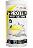 Vegan Protein Pulver ZITRONE KÄSEKUCHEN - V-PROTEIN 4K Blend, 750g | Unglaublich lecker & cremig | Aus Sonnenblumen, Soja, Hanfsamen & Kürbiskernen | Pflanzliches Eiweißpulver mit 80% Eiweiß