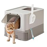 Feandrea Katzenklo, Katzentoilette, mit Deckel, ausziehbares Tablett, geräumig für Katzen bis 15 kg, weniger Spuren, auslaufsicherer Boden, haferflockenfarben-warmgrau PPT001G01
