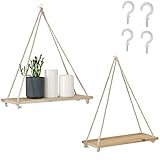 Wandregal Holz Hängeregal mit Kordel, Regal Hängend Makrame Seil, Hängendes Wandschaukel Schweberegale, Schwimmende Holzregale Boho Dekor Natürliche Wandbehang Holzregal, 12,7x40,6x43,2 cm 2-er Set
