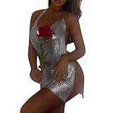 XIXIMAON Sexy Minikleid, für Damen, mit Pailletten, rückenfrei, tiefer Ausschnitt, kurzes Kleid, Schlitz, Clubwear, D - Silber, Medium