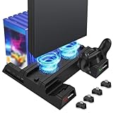 EEEKit PS4 Vertikaler Ständer Kühlung Lüfter, Vertical Stand Standfuß mit Lüfter, 2 Controller Ladesation, USB Hub, 12 Spiele Lagerung, Kompatibel mit PlayStation 4, PS4 Slim und Pro