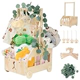 Wuciray Babyparty Geschenk mit Griff Wickelkorb mit Holzrädern Kinder Holz Holzkiste Babygeschenk Geschenkkorb Baby Korb Geschenk mit Dekorblättern Holzkleiderbügel und Engel-Tag Baby Shower Geschenk