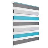 WOLTU Doppelrollo Klemmfix ohne Bohren Weiß+Grau+Türkis B90 x H150 cm, Duo Rollo Zebrarollo Fensterrollo Klemmrollo Seitenzugrollo Easyfix lichtdurchlässig & verdunkelnd Rollos für Fenster und Tür