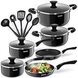 tectake® 15tlg Set mit 5x Küchenhelfer, 2x Pfanne, 4x Topf, jeweils mit Deckel, Kochtopf Set Antihaft Beschichtung, Töpfe + Pfannen aus Aluminium, Zubehör für Haushalt, Camping und Küche