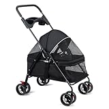 loyliawa 2 in 1 Haustier-Kinderwagen, zusammenklappbarer Hundebuggy mit 4 Rädern, Hunde/Katzen-Welpenwagen mit Aufbewahrungskorb, Getränkehalter, wasserdichte Polsterung, Sonnenschutz für kleine,