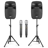 VONYX VPS152A - PA Lautsprecher Aktiv Set, Party Box Bluetooth mit Stativ, 2x Kabelloses Mikrofon, PA Anlage Komplettset, 15 Zoll, Party LEDs, USB, MP3, DJ Boxen, DJ Set Komplett, Partybox 1000 Watt