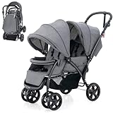 FANTASK Geschwisterwagen klappbar, Zwillingswagen mit verstellbarer Rückenlehne & Verdeck, für Baby ab 6 Monate, 30 kg Belastbar (Grau)