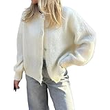 Geagodelia Damen Strickjacke Elegante Langarm Strick Cropped Cardigan Pullover Strickpullover Strickweste Y2k Sweater Knitted Top Herbst Frühling (A - Weiß, M)