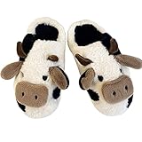 Puimentiua Damen Cow Slippers Hausschuhe, Plüsch Kuh Schlappen,Winter Gefüttert Slides, Fluffy Cartoon Pantoffeln,Kawaii Warme Winterhausschuhe