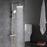 LYFHJD Duscharmatur-Set, Thermostat-Duschsystem, goldfarben, luxuriöser Duschkopf mit 25,4 cm (10 Zoll), aus Edelstahl, mit Handbrause, Doppel-Badeauslauf