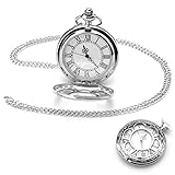 TNSLAND Vintage Taschenuhr Glatte Quarz Taschenuhr mit Kette, Antik Kettenuhr mit Arabischen Ziffern, Silber Retro Taschenuhren für Herren, Pocket Watch für Damen Herren Vater Opa Geburtstag Jahrestag