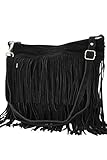 AMBRA Moda Damen Handtasche Ledertasche Umhängetasche Fransentasche Schultertasche Damentasche Wildleder 32 cm x 29 cm x 2 cm WL809 (Schwarz)