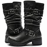 GLOBALWIN Damen Mid Calf Dress Boots Biker Motorrad Reitstiefel Frauen für Frauen, 21yy08 Grey Distressed Metallic, 39.5 EU
