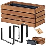 HOMERZO Holz Pflanzkasten Blumenkasten rechteckig – braun imprägniert, mit herausnehmbarem Kunststoff-Einsatz – Pflanzkübel für Balkon, Garten & Terrasse (Horizontal-braun, 45x23 H20 + Halter)