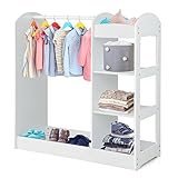 DREAMADE Kinderkleiderschrank mit Spiegel und Kleiderstange, Kinder Kleiderschrank Kinderregal mit 4 offener Ablagen, Kinder Kleiderständer für Kinderzimmer, 93,5x38x100cm (Weiß)