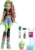 Monster High Venus McFlytrap-Puppe mit Pflanzenmonstertier Katze Chewlian und Zubehör wie Rucksack, Notizbuch, Snacks und mehr, HRP81