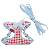ANDRESLAD Atmungsaktives Hundegeschirr mit Leine für Kleine Hunde Verstellbares Mesh Geschirr mit Fliege und Kariertem Muster Welpengeschirr Satz für Spaziergänge und Outdoor Aktivitäten