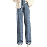 Damen Thermo Jeans Fleece GefüTterte Jeanshose Winter Warme Denim Pants Baggy Jeanshosen Hohe Taille Klassisch Winterhose PlüSch Gerade Freizeithose Straight Leg Y2k Boyfriend-Hose Streetwear