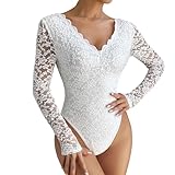 Mymyguoe Sexy Bodysuit Damen Spitzen Elegant Stringbody Tops Spitzenbody v-Ausschnitt Blume Spitze Body Oberteile Langarm Floral Lace Rückenfrei Jumpsuit Overall Spitzenbluse Party Club Shirts