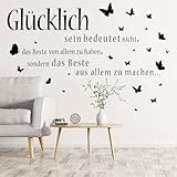 Wandtattoo Wohnzimmer Sprüch, Glücklich Inspirierende Wandsticker Wohnzimmer Modern, Schmetterlinge Wandaufkleber Schwarze für Wohnzimmer Schlafzimmer Vorraum Flur Fenster Wanddeko (90 x 30 cm)