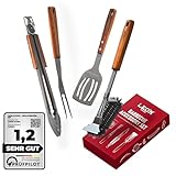 LEÓN Goods® : Grillbesteck Set [+Grillbürste] Grillzange, Grillwender, Grillgabel, Grillreiniger auch für Gasgrill! Grill Geschenkset aus Edelstahl und Akazienholz. (4-TLG.)