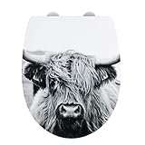 WENKO WC-Sitz Yak mit Hochglanz-Oberfläche, Toilettendeckel mit Absenkautomatik, bruchstabiler, recycelbarer Thermoplast, Schnellbefestigung aus rostfreiem Edelstahl, 36,5 x 45 cm, Yak-Motiv
