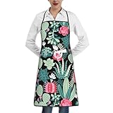 Schürze mit Kaktus-Druck, Schürze mit Taschen, verstellbare Latzschürze, Kochschürze, Grillschürze, Weiß, Einheitsgröße, Weiß, EinheitsgröÃŸe