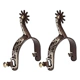 2 Stück Western Cowboy Sporen Handgefertigter Echtleder-Reitsporn mit Drehbarem Zahnrad, Sporenriemen Vintage Bronze Kohlenstoffarmer Stahl Reitzubehör für Pferde