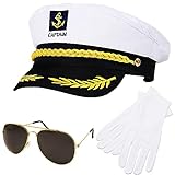 Makone Kapitänsmütze für Erwachsene Damen Männer Erwachsene Matrosenmütze Seemann Hut für Karneval Mottoparty Partys Cosplay,Weiß (3pcs), 58