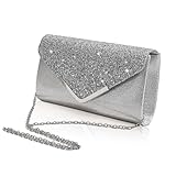 EJJUOO Damen Glitzer Clutch Abendtasche, Damen Clutch Glitzer Elegant, Clutch Silber Glitzer Klein für Hochzeit, Abendveranstaltung, Party, Abschlussball, Kette Clutch Silber