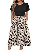 Zeagoo Kleid Damen Sommer Elegant Floral Kleid Damen Rundhals Strandkleid Kurzarm Swing A Linie Blusenkleid Casual Knielang Kleider mit Gürtel Florala L
