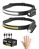 Stirnlampe LED Wiederaufladbar, 1200LM 90°Einstellbar Scheinwerfer & 230°COB Superhell Kopflampe, 5-Modi mit Sensor, IPX5 Wasserdicht, 12 Stunden Laufzeit, Leichte Scheinwerfer für Camping(2 PCS)