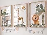 Eviepops Prints Set aus 3 Safaritieren für Kinderzimmer von Jungen und Mädchen, Ungerahmter Druck, Schlafzimmerdekor, Dschungeldekoration, elefant giraffe löwe, Dekor im Babyzimmer (A4)