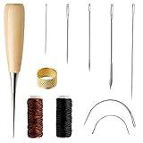 11 Stück Ledernadel Set, Leder Nähset Ledernadeln Hand Leder Werkzeug mit Bohr Ahle Fingerhut und Wachsfaden für Ledertaschen Sofas Segelsitze und Schuhreparaturen